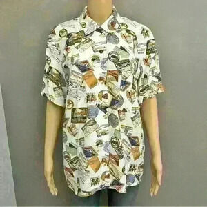 Unique Vintage  oversized multicolored novelty prints button down shirt